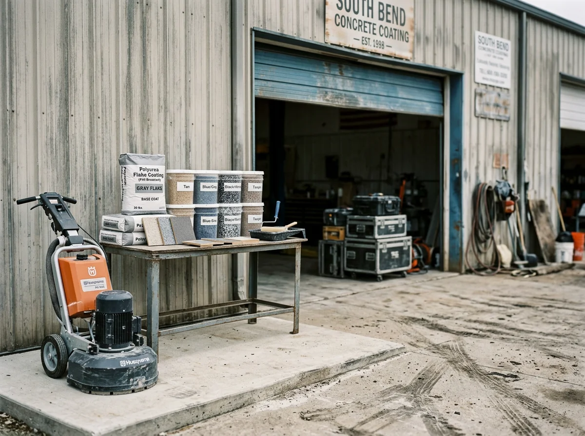 Concrete floor preparation and coating application equipment on a job site.