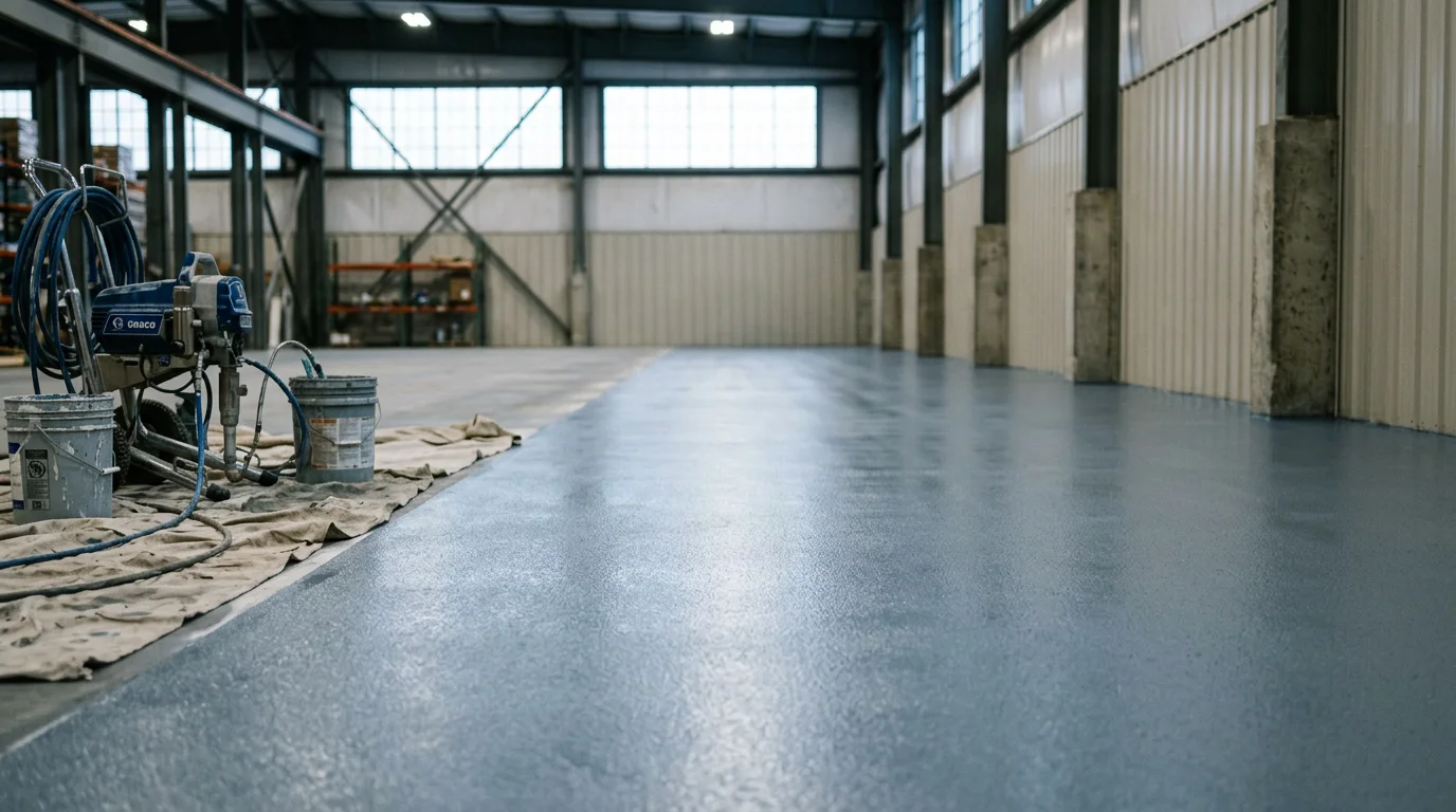 Industrial warehouse floor with protective polyurea coating system
