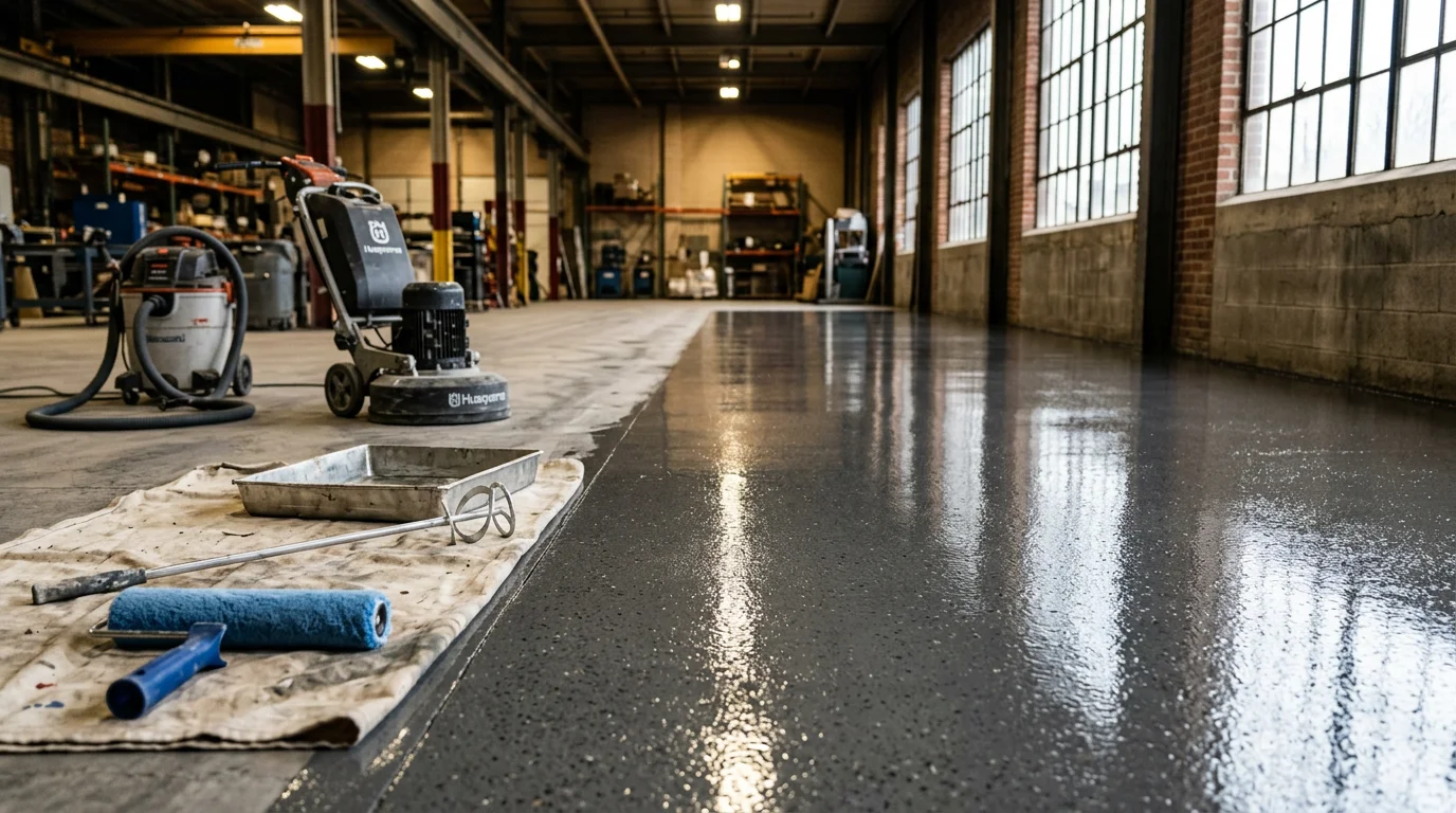 Professional concrete floor coating application with colored flake system