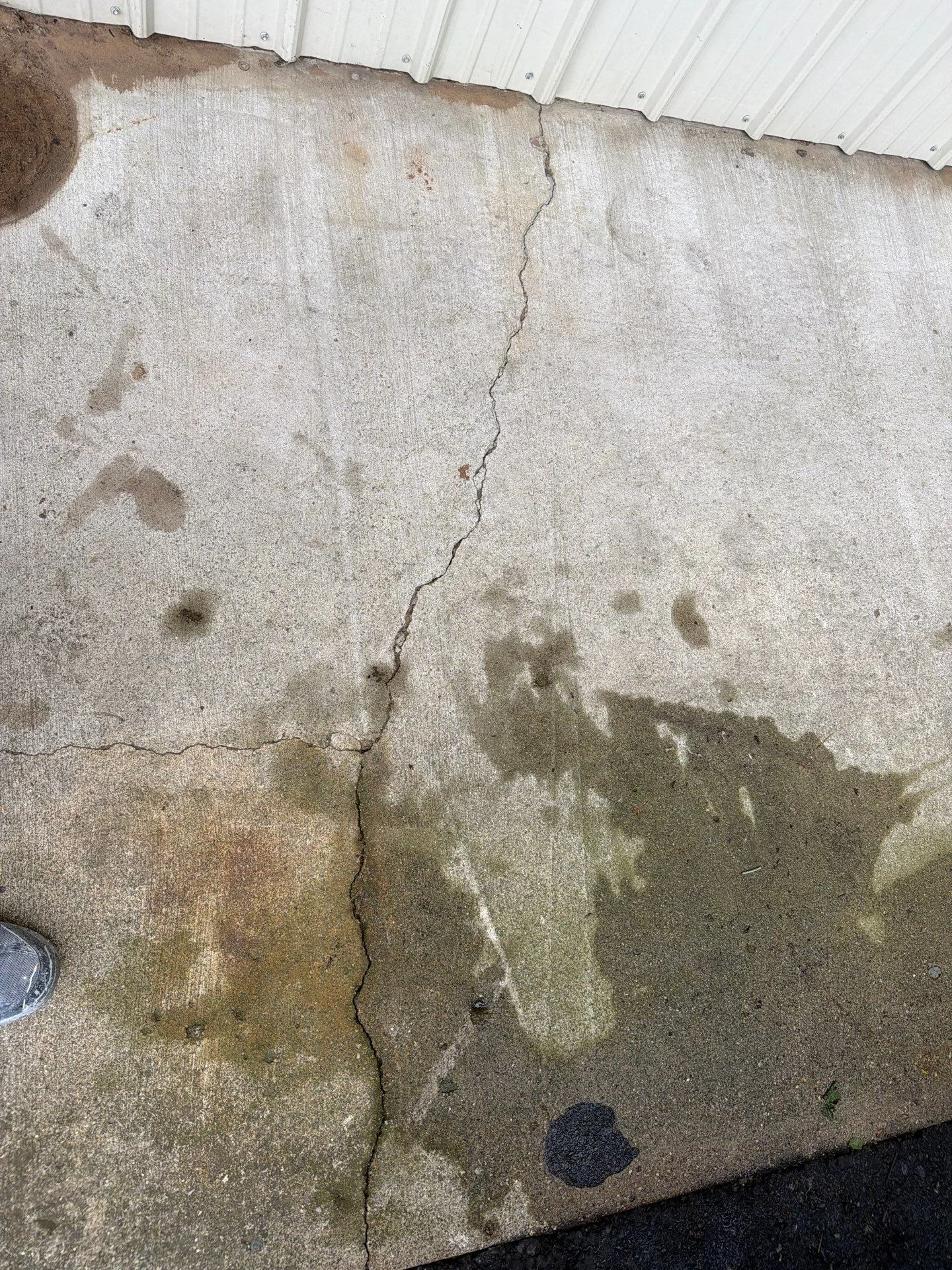 Concrete surface with sealed cracks, spall repair, and cleaned algae staining