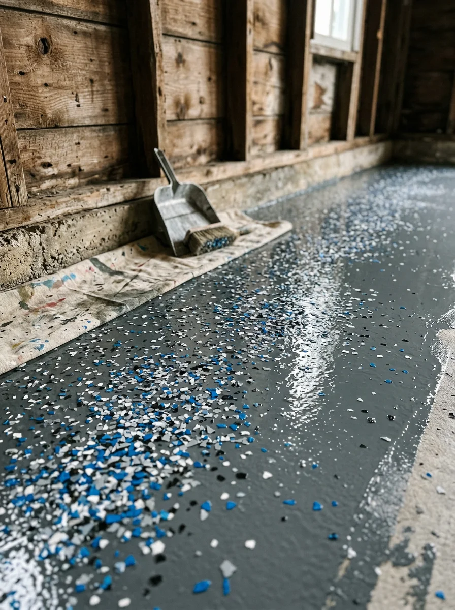 Portrait view of a concrete coating application in an Edwardsburg Michigan outbuilding, showing the polyurea base coat with color flakes broadcast across the surface before the clear polyaspartic top coat is applied.