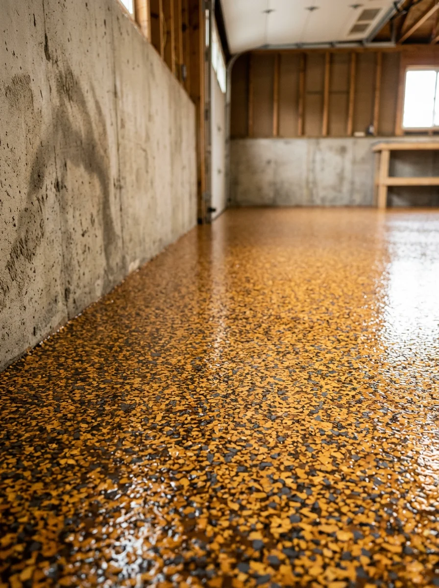Portrait view of a flake system floor in an Elkhart Indiana residential garage, showing broadcast color flakes sealed under a glossy polyaspartic top coat with no visible cracks or surface damage.
