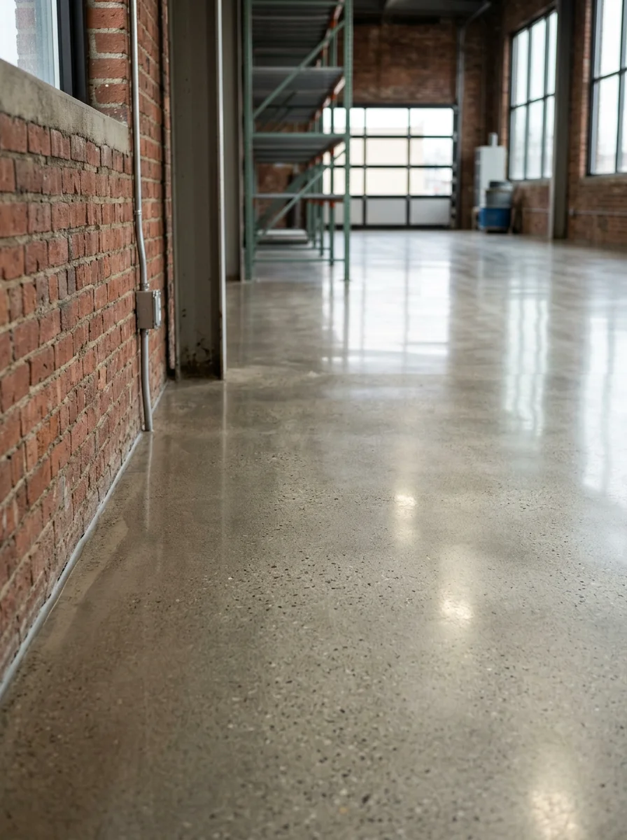 Portrait view of a grind and seal concrete floor in a La Porte Indiana commercial space, showing a smooth, clear-sealed surface ready for foot traffic and light equipment use in a northwest Indiana property.