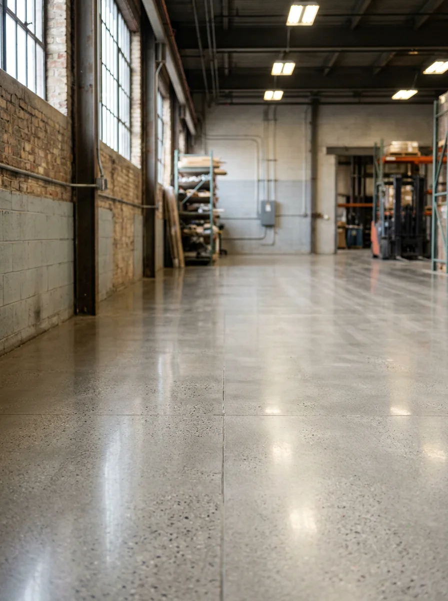 Portrait view of a grind and seal concrete floor in a Mishawaka Indiana commercial space, showing a smooth, clear-sealed surface with no flake broadcast, ready for foot traffic and light equipment use.