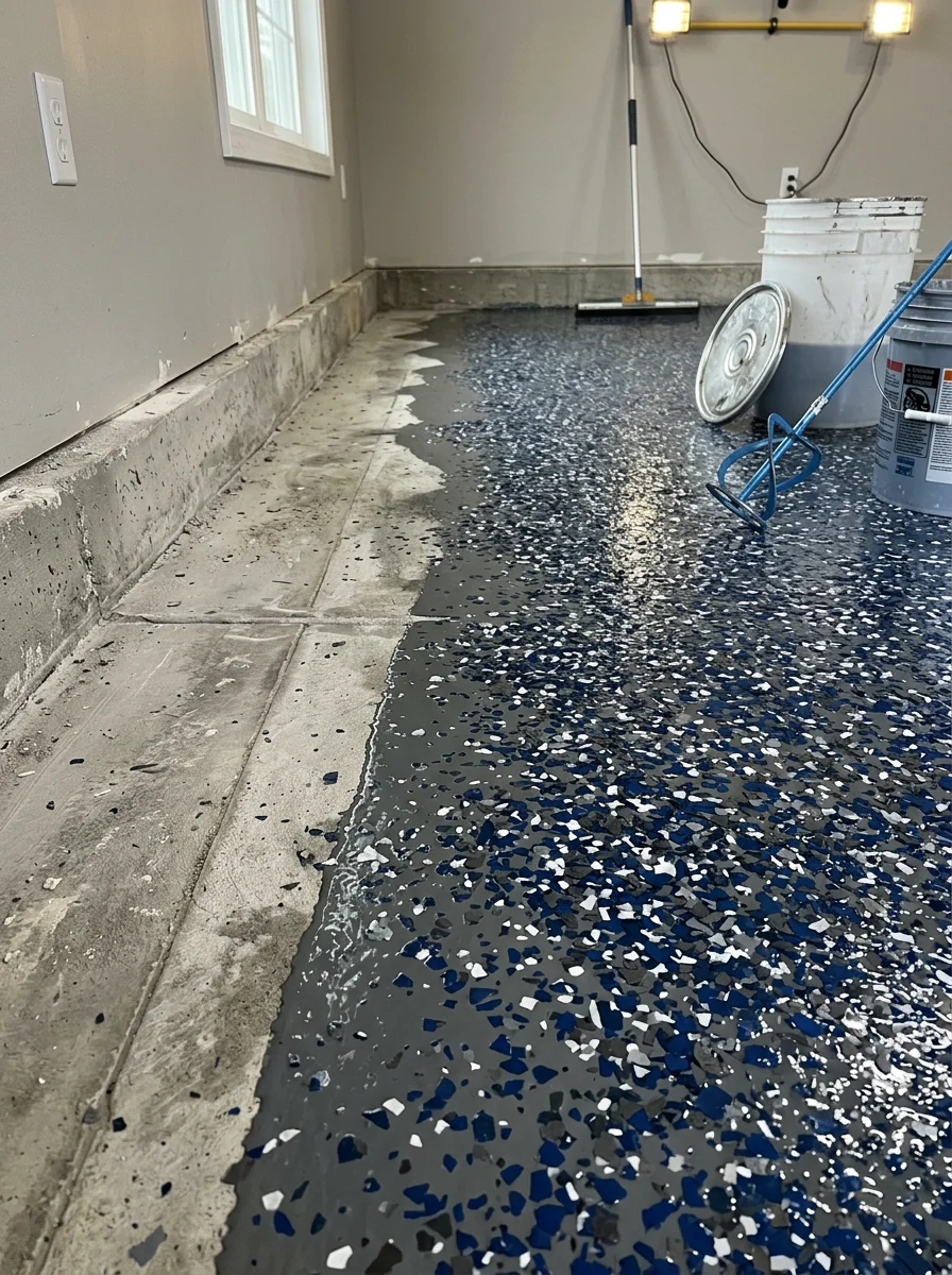 Portrait view of a concrete coating application in a Niles Michigan garage, showing the polyurea base coat with color flakes broadcast across the surface before the clear polyaspartic top coat is applied.