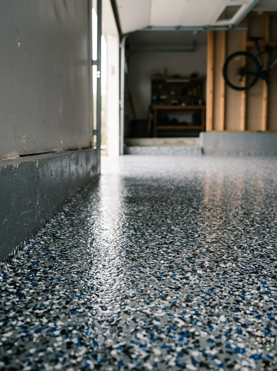 Portrait view of a flake system floor in a Portage Indiana residential garage, showing broadcast color flakes sealed under a glossy polyaspartic top coat on a slab that was ground and repaired before coating.
