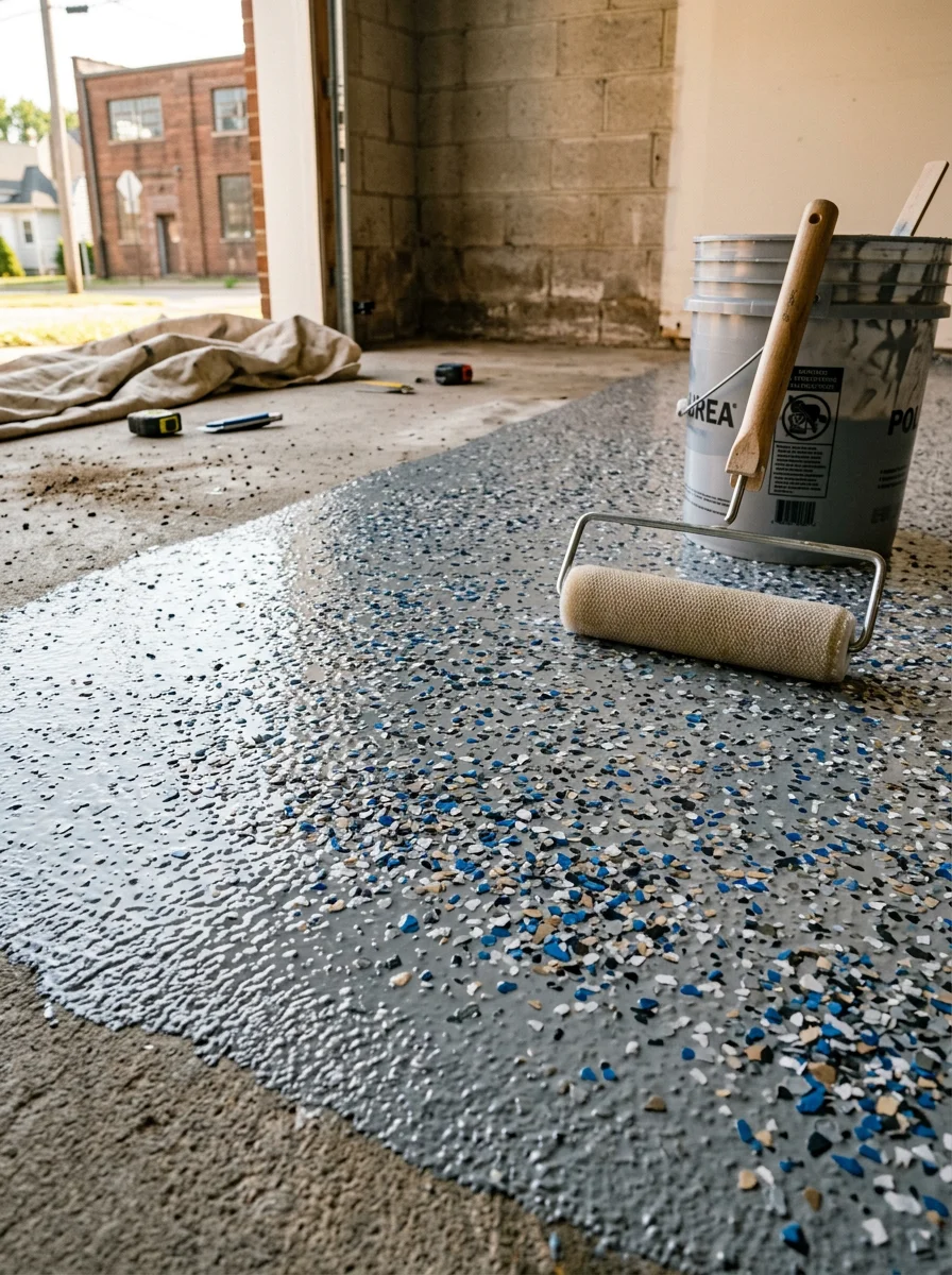 Close-up portrait view of a concrete coating application in a South Bend garage, showing the polyurea base coat with color flakes broadcast across the surface before the clear top coat is applied.