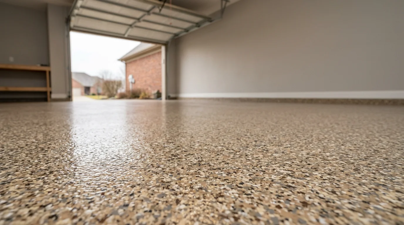 A finished flake system garage floor in a South Bend Indiana home, showing a broadcast color flake pattern sealed under a clear polyaspartic top coat, with a clean, glossy surface free of cracks or pitting.