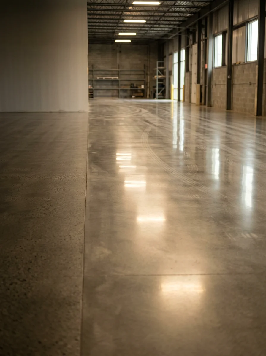 Portrait view of a grind and seal concrete floor in a Warsaw Indiana commercial facility, showing a smooth, clear-sealed surface with no flake broadcast, ready for equipment and foot traffic.