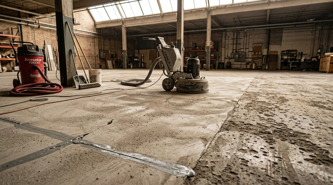 A commercial concrete floor in South Bend, Indiana after surface grinding and preparation, showing a clean, uniformly profiled gray slab ready for coating. The floor is free of cracks, oil stains, and surface contaminants inside a light commercial facility.