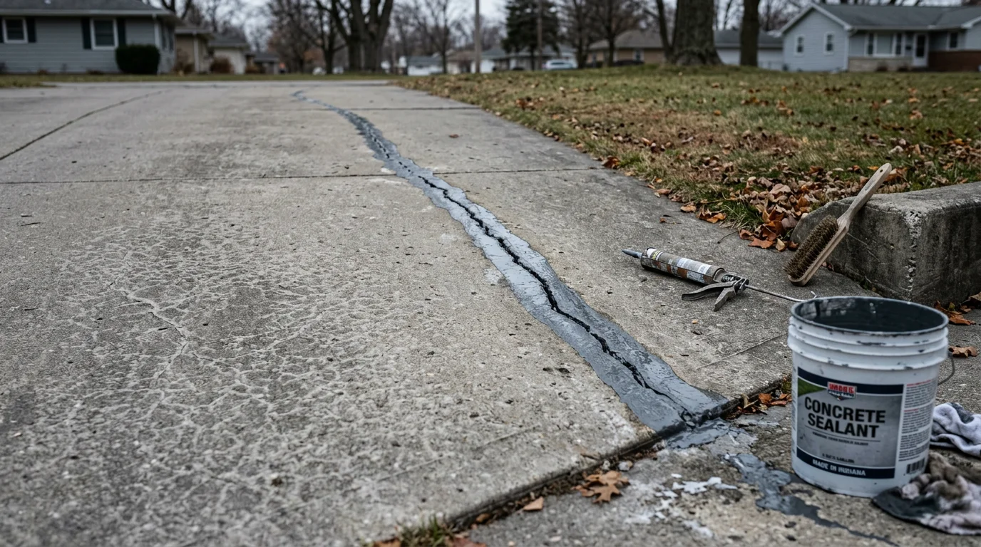 Close-up of a repaired concrete crack on a residential driveway in South Bend, Indiana, showing a clean, filled surface ready for use. The surrounding slab reflects the weathered look common to northern Indiana homes after repeated freeze-thaw winters.