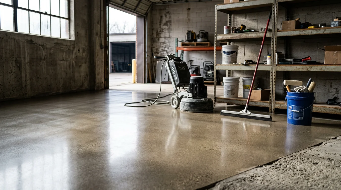 A smooth, freshly finished concrete garage floor inside a residential home in South Bend, Indiana. The surface is clean and even, showing the result of professional concrete floor finishing work.