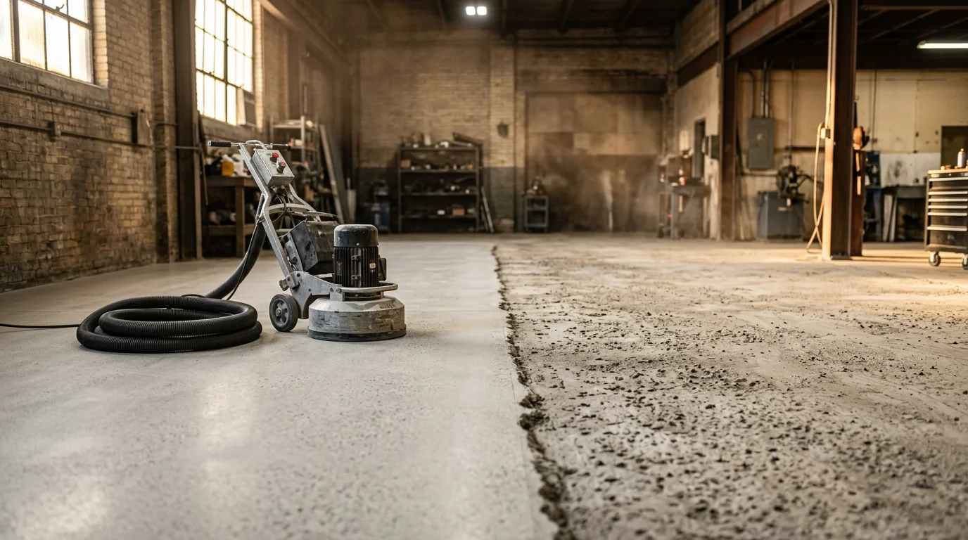 A concrete garage floor in South Bend, Indiana after professional grinding, showing a smooth, flat, light-gray surface free of old coatings and surface pitting. The floor is prepared and ready for a concrete coating application.