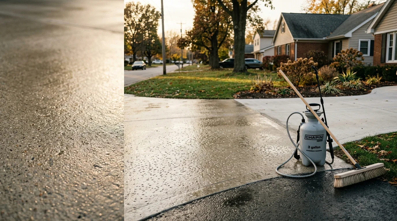 Freshly sealed concrete driveway at a South Bend, Indiana home, showing a clean, uniform surface with water beading on top. The surrounding neighborhood reflects a typical Michiana residential property in late autumn.