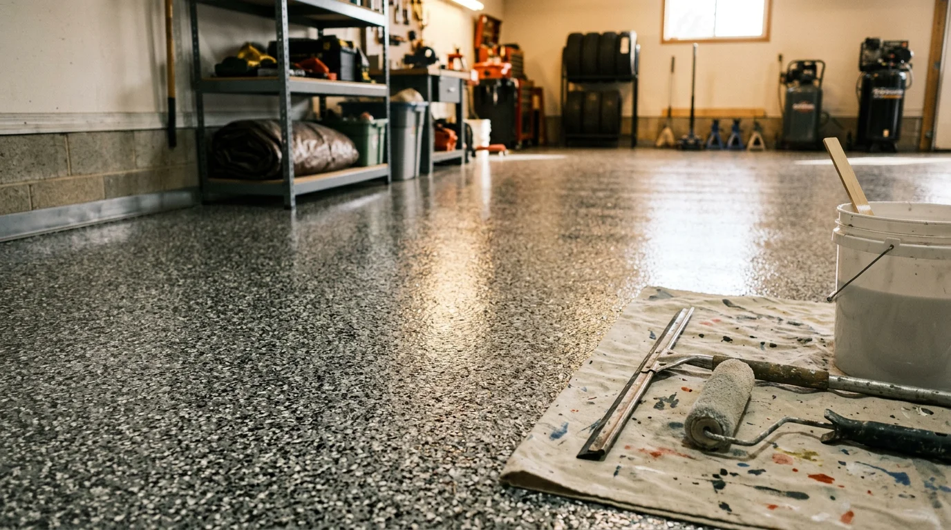 A freshly installed flake system floor in a two-car garage in South Bend, Indiana, showing a seamless speckled coating with decorative vinyl flakes in a neutral color blend. The floor surface is smooth, clean, and evenly coated from wall to wall.