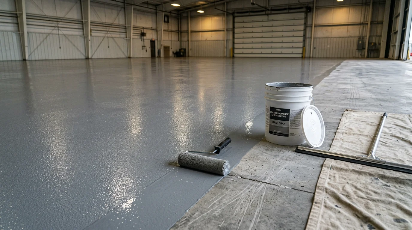 Coated hangar floor in a South Bend, Indiana aviation facility showing a smooth, high-gloss concrete surface free of stains and chemical damage. Ground-level view captures the seamless finish across a large open hangar bay.