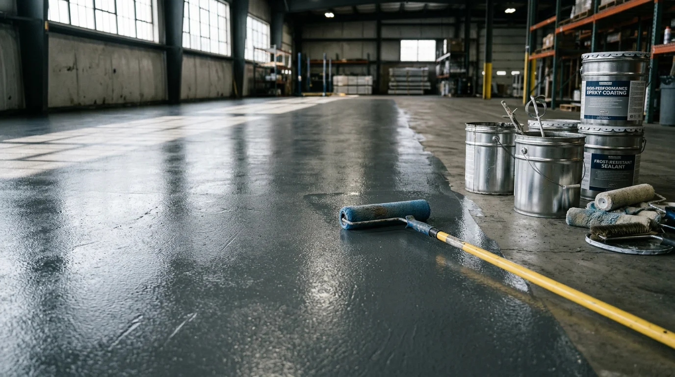A sealed, high-gloss heavy-duty coated concrete floor inside a commercial facility in South Bend, Indiana. The surface shows a smooth, uniform finish with no cracking or staining, suitable for heavy equipment and foot traffic.