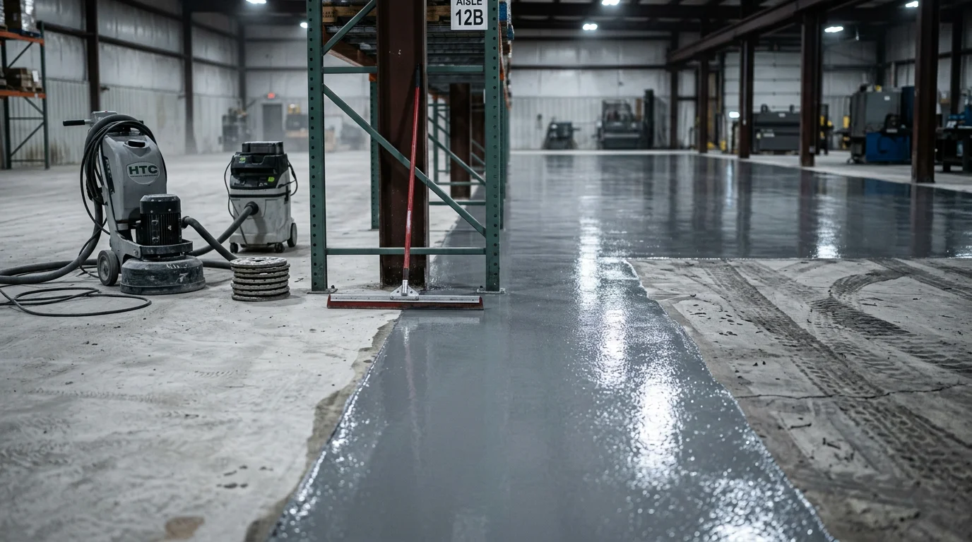 A freshly coated industrial concrete floor inside a South Bend, Indiana manufacturing facility, showing a smooth, sealed surface under overhead warehouse lighting. The floor reflects light evenly with no visible cracks or dust, ready for heavy equipment use.