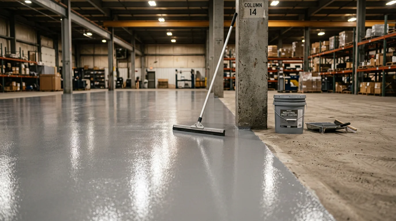 A large coated warehouse floor in South Bend, Indiana with a smooth, sealed concrete surface reflecting overhead lighting. Forklift lanes are visible across the wide open floor area of an industrial storage facility.